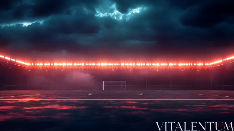 Floodlit empty football pitch framed by dramatic storm clouds