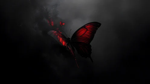 Red butterfly glows against deep black atmospheric void