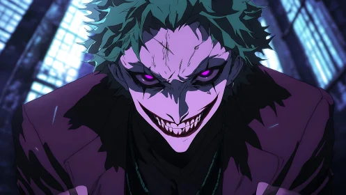 Anime villain close-up with neon-lit asymmetric chiaroscuro focus.