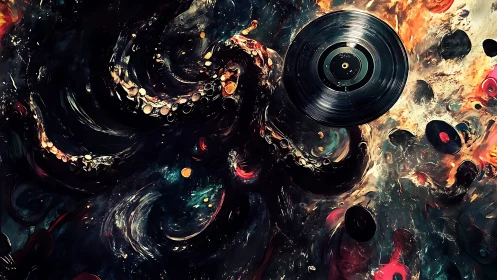 Vinyl records orbiting cosmic octopus in swirling nebula