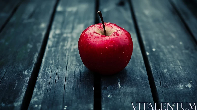 Glistening red apple resting on weathered wooden boards.