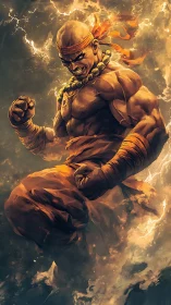 Martial monk unleashes fiery power in dynamic midair pose