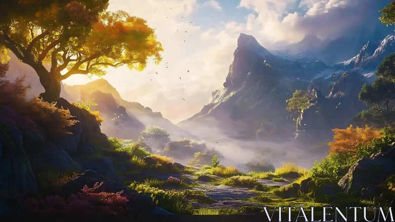 Luminous mountain valley at sunrise with glowing foliage.