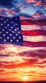 Star-spangled banner drifting above a blazing prairie dawn.