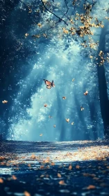 Butterfly lanterns drift through a mist-blue forest morning.