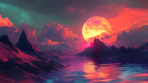 Surreal neon coastline under oversized glowing moon at dusk