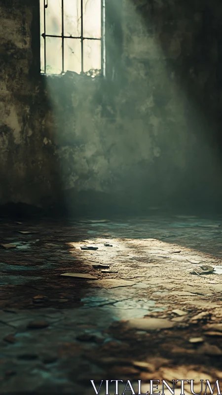 Dusty abandoned room with cracked floor in shafts of light.