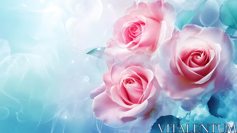 Pink Roses Bloom in Ethereal Blue Reverie.
