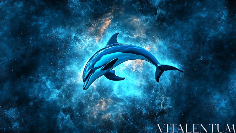 Starry blue dolphin drifting through a cosmic ocean.
