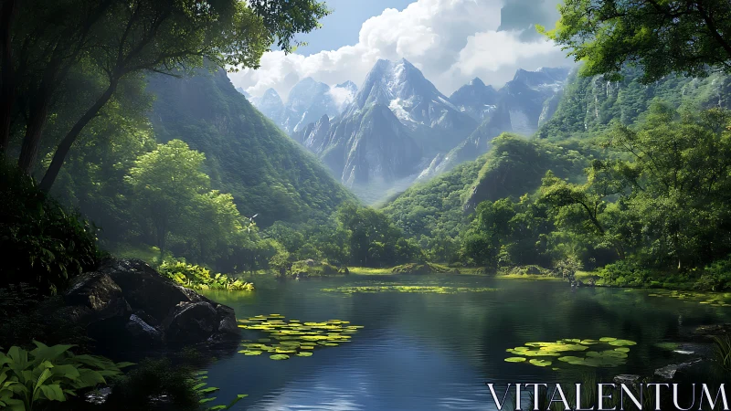 Mountain lake glows beneath towering snowlit peaks.