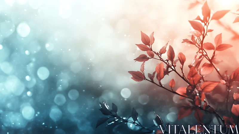 Gentle red leaves glowing softly against dreamy blue light.