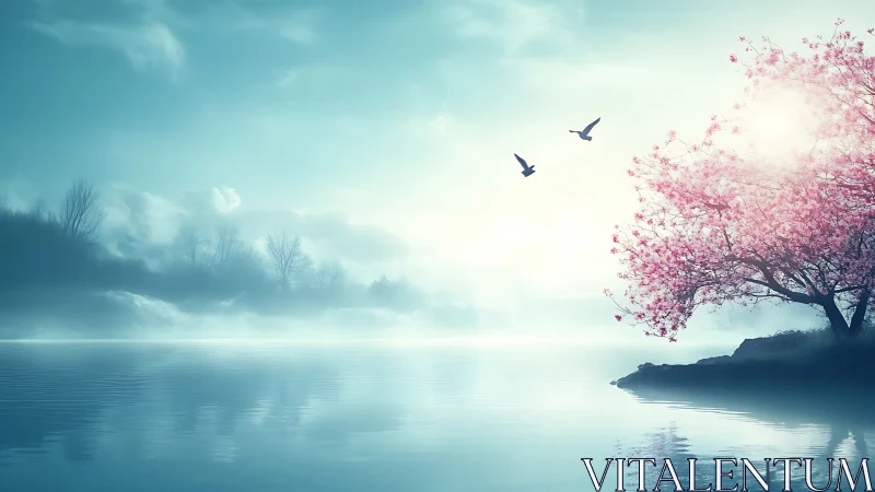 Blossoming tree stands over misty lake under bright sunrise