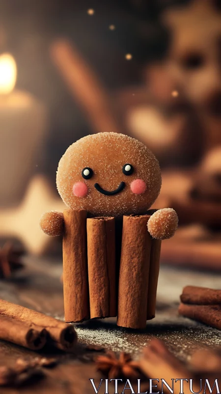 Smiling sugar cookie character leans on upright cinnamon sticks