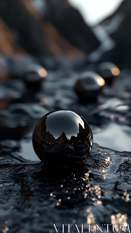 Gleaming metal orbs resting on a dreamy wet landscape.