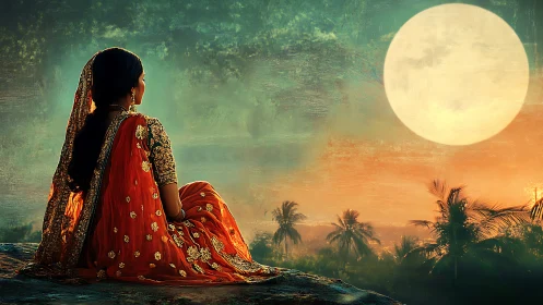 Moonlit woman in ornate sari overlooking tropical horizon.