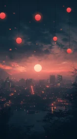 Digital dusk metropolis with suspended lantern orbs composition.