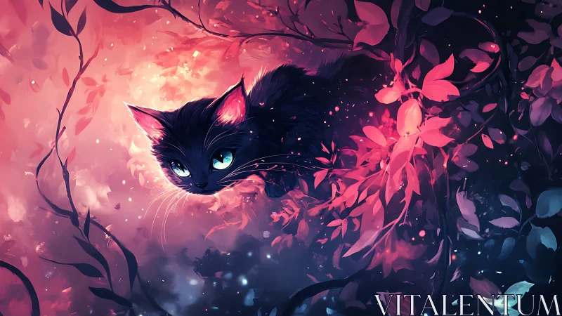 Black Cat with Glowing Eyes in Neon Pink Foliage.