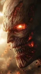 Molten giant skull gazes over a burning apocalyptic sky