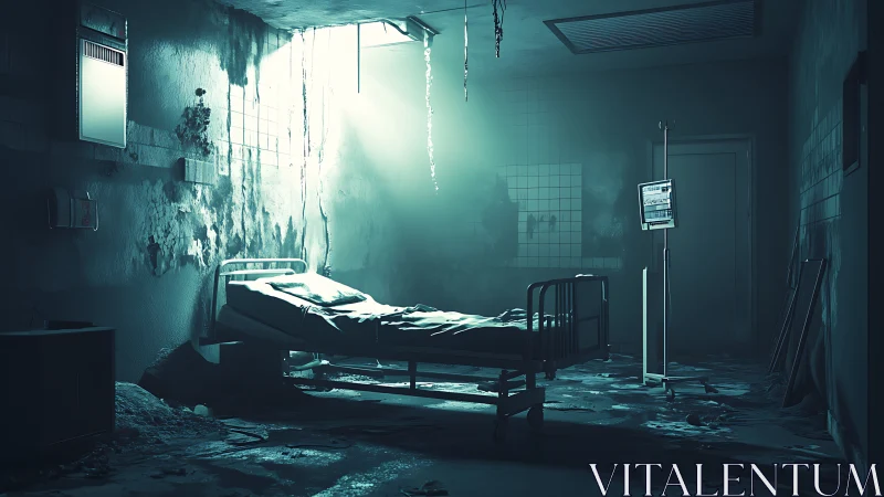 Abandoned hospital ward with ruined bed under harsh light.