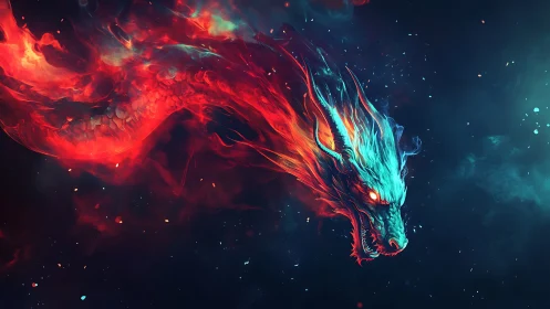 Cosmic firestorm dragon streaking through electric nebulae.