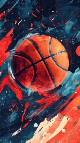 Textured basketball floats amid dynamic splatter-stroke field