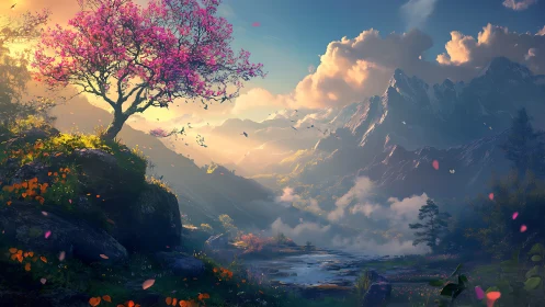 Solitary blossom tree stands above misted river valley