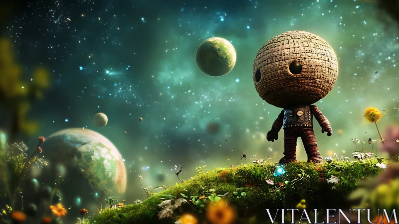 Textured doll figure on alien meadow under distant planets.