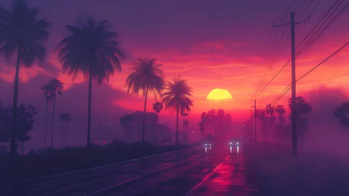 Neon dusk highway beneath misty palm silhouettes at sunset.