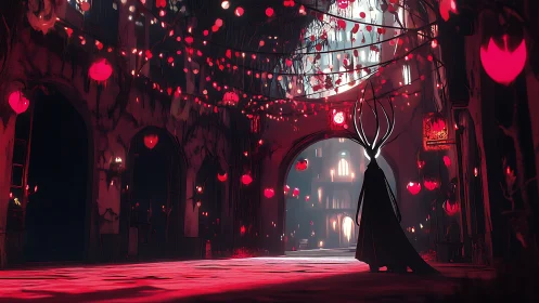 Lanternlit cathedral corridor with antlered shadow wanderer.