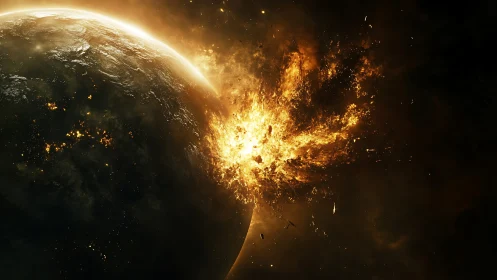 Starfire collision shatters a darkened world in molten bloom.