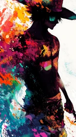 Silhouetted swordsman in explosive abstract color storm.