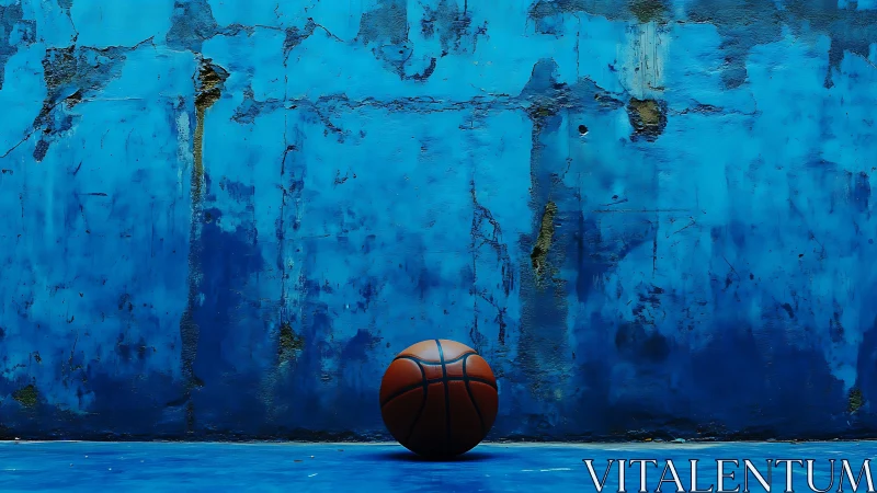 Lonely streetball drifter against bruised electric blue wall.