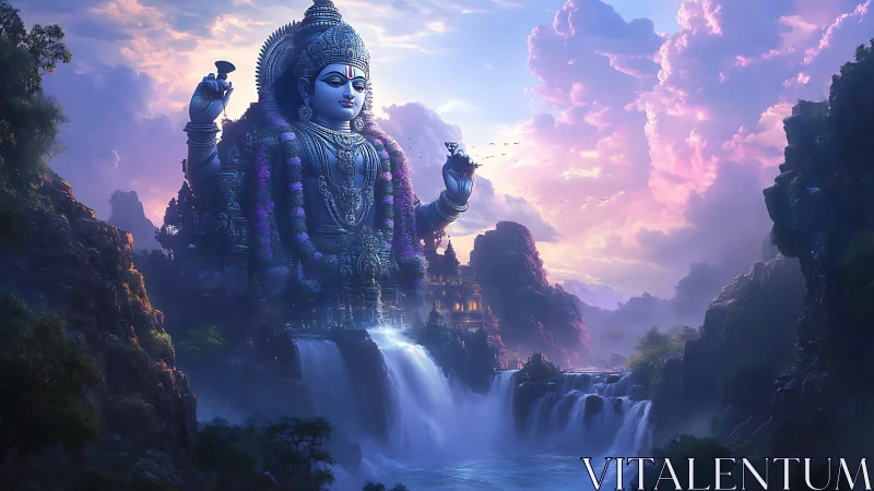 Colossal river deity rising over misty cascading temples.