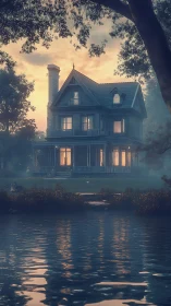Victorian lakeside house stands in fog at dusk light