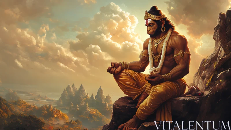 Digital painting of meditative divine warrior in aerial landscape.