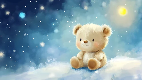 Digital illustration of teddy bear on snowy cloud at night.