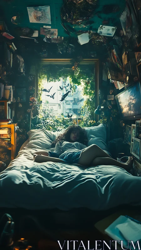 Dreamy bedroom escape where city light meets wild sky.