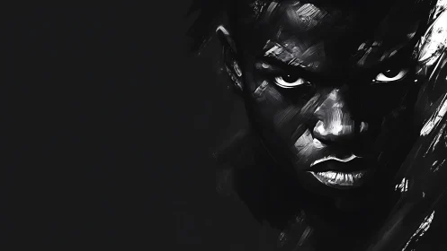 Intense monochrome portrait with dramatic brushwork focus.