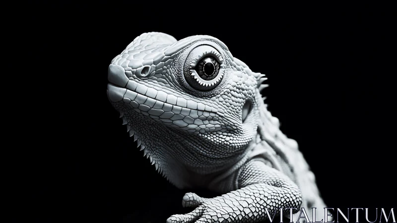 Curious lizard in close-up, showing sculpted silver scales.