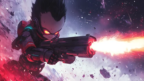 Cyberpunk chibi space-commando with high-energy plasma cannon.