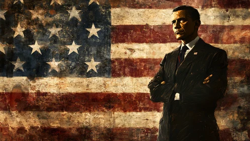 Textured presidential silhouette against distressed US flag field.