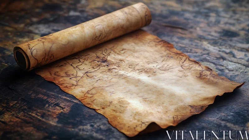 Photorealistic antique parchment scroll on textured surface.