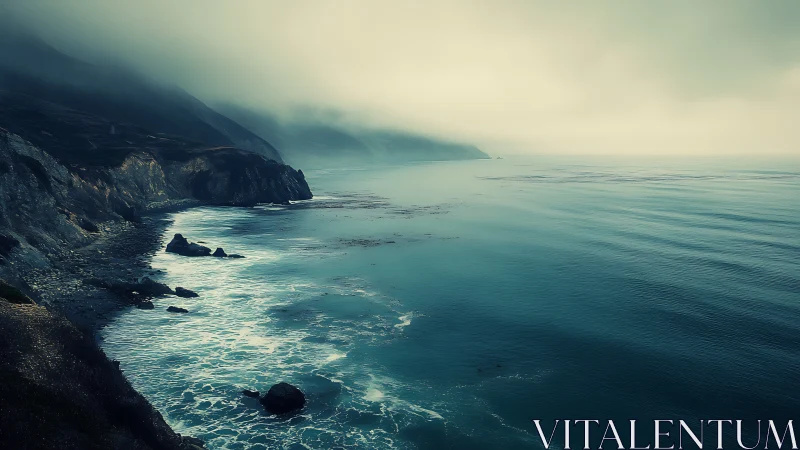 Fog-laden littoral escarpment with teal-gradient ocean interface.
