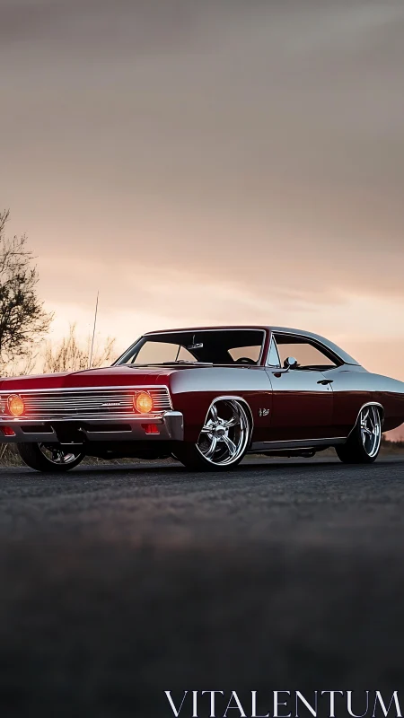 Low-angle study of customized classic coupe under diffuse sunset sky