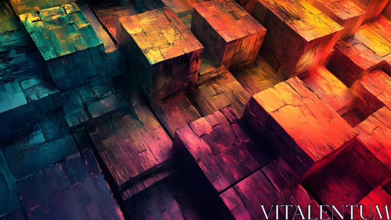 Vivid Abstract 3D Cubes in Gradient Colors, Digital Art Style.