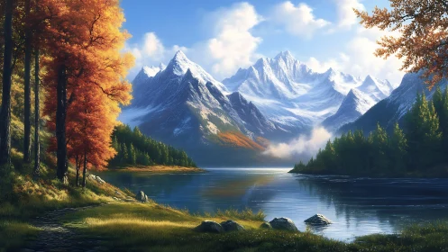 Autumnal lakeshore under glacial alpine ridge illumination.