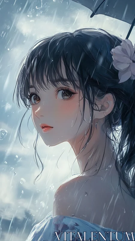 Rain-soaked girl under umbrella with luminous soft light.