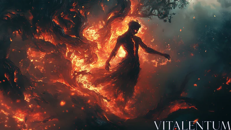 Fire spirit emerging from molten inferno stormscape.