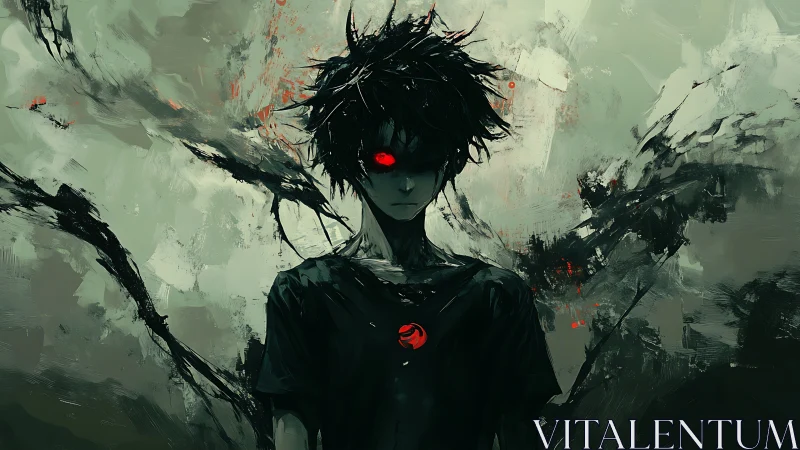 Dark-haired figure radiates eerie power in abstract gloom