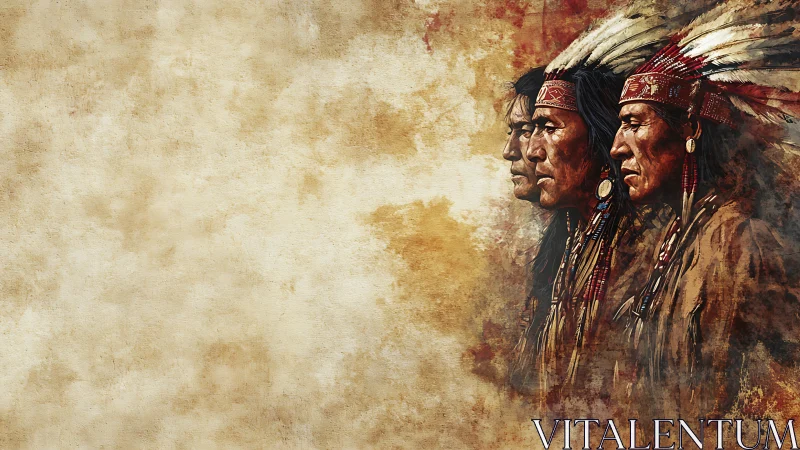 Tribal leaders gaze forward against textured earth backdrop.